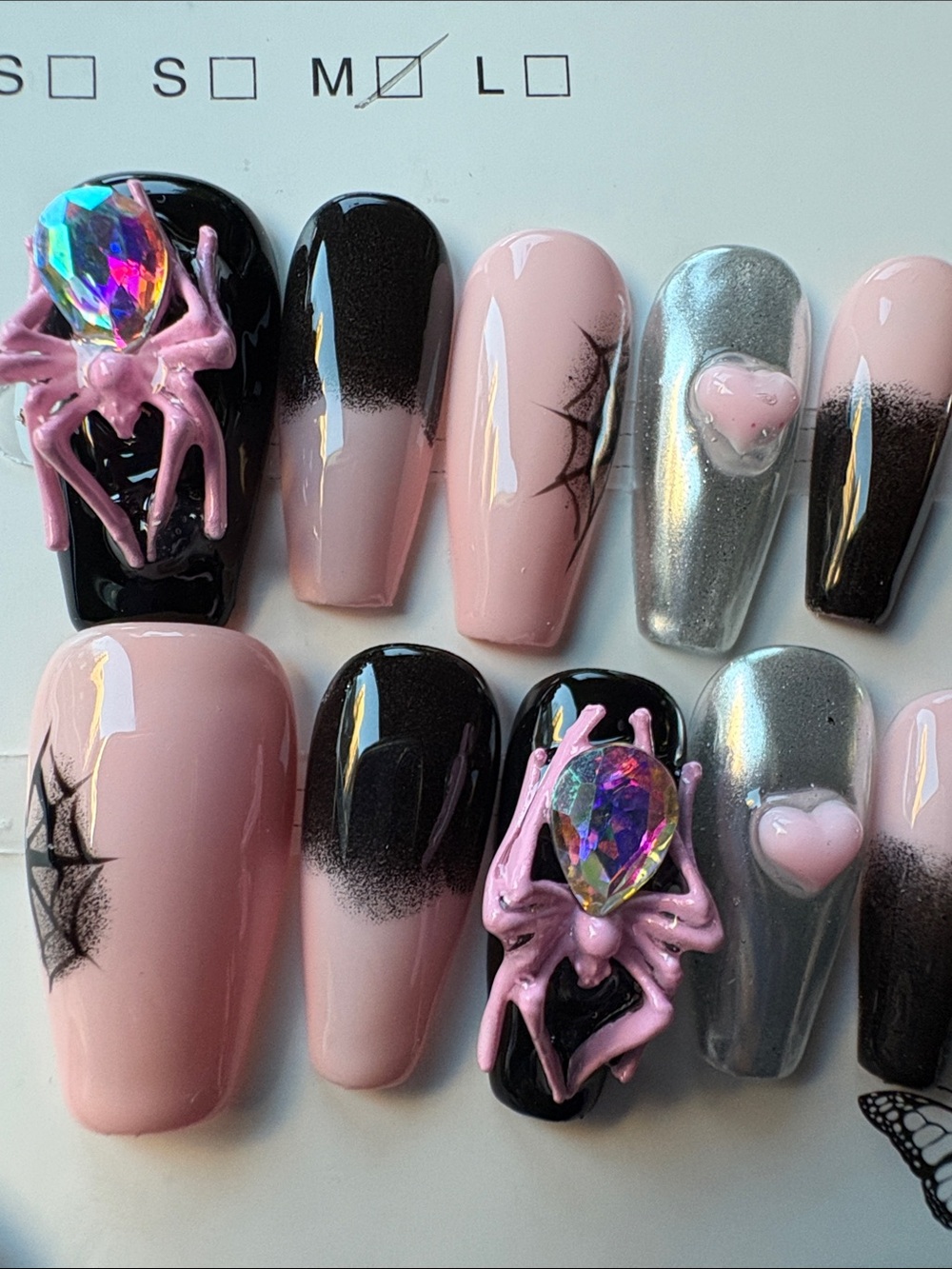 Pink & Black Kids Press-On Nail Set with Silver Accents and 3D Gems
